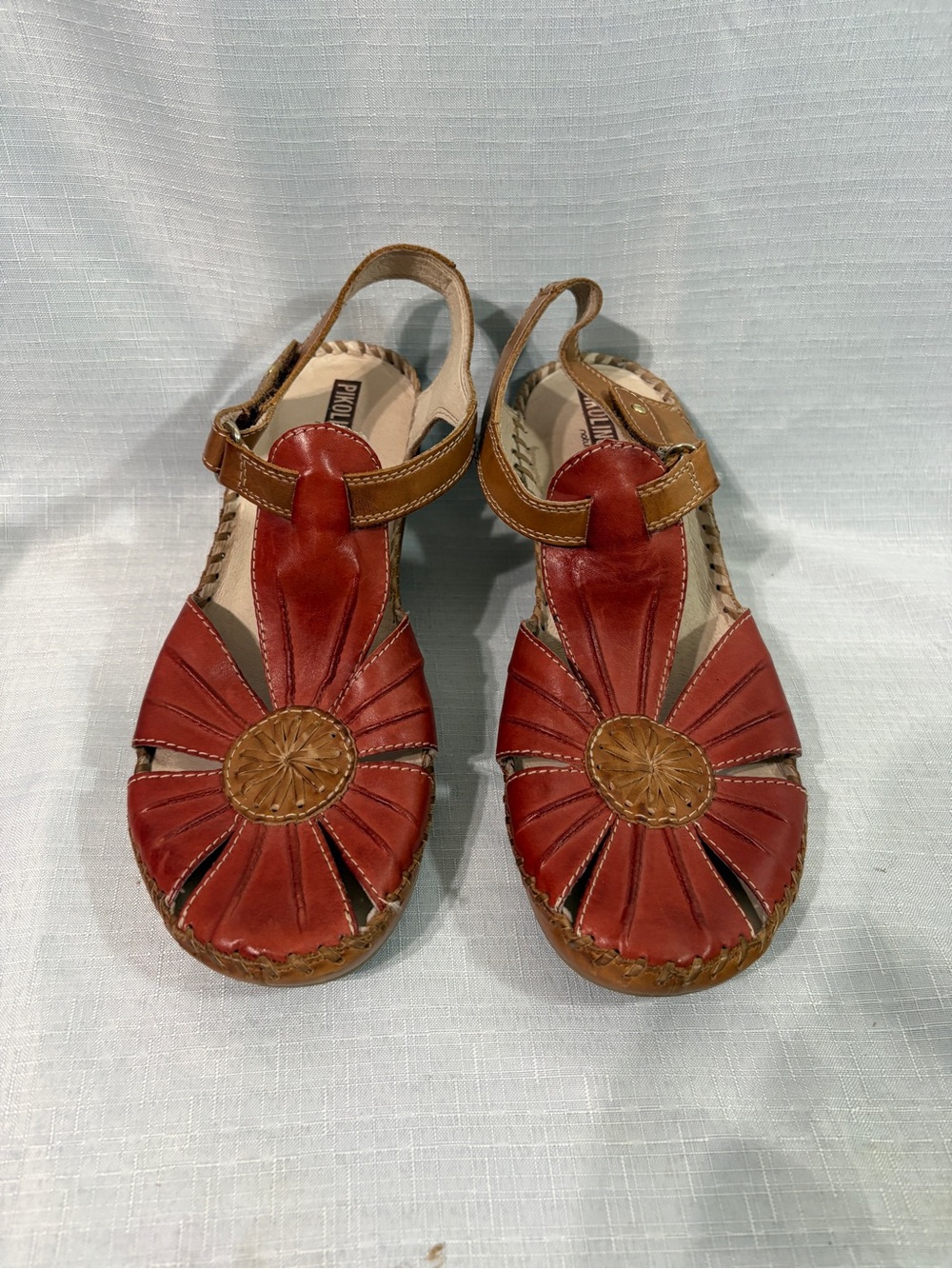 PIKOLINOS Puerto Vallarta Red and Tan Floral Leather Women's Sandals